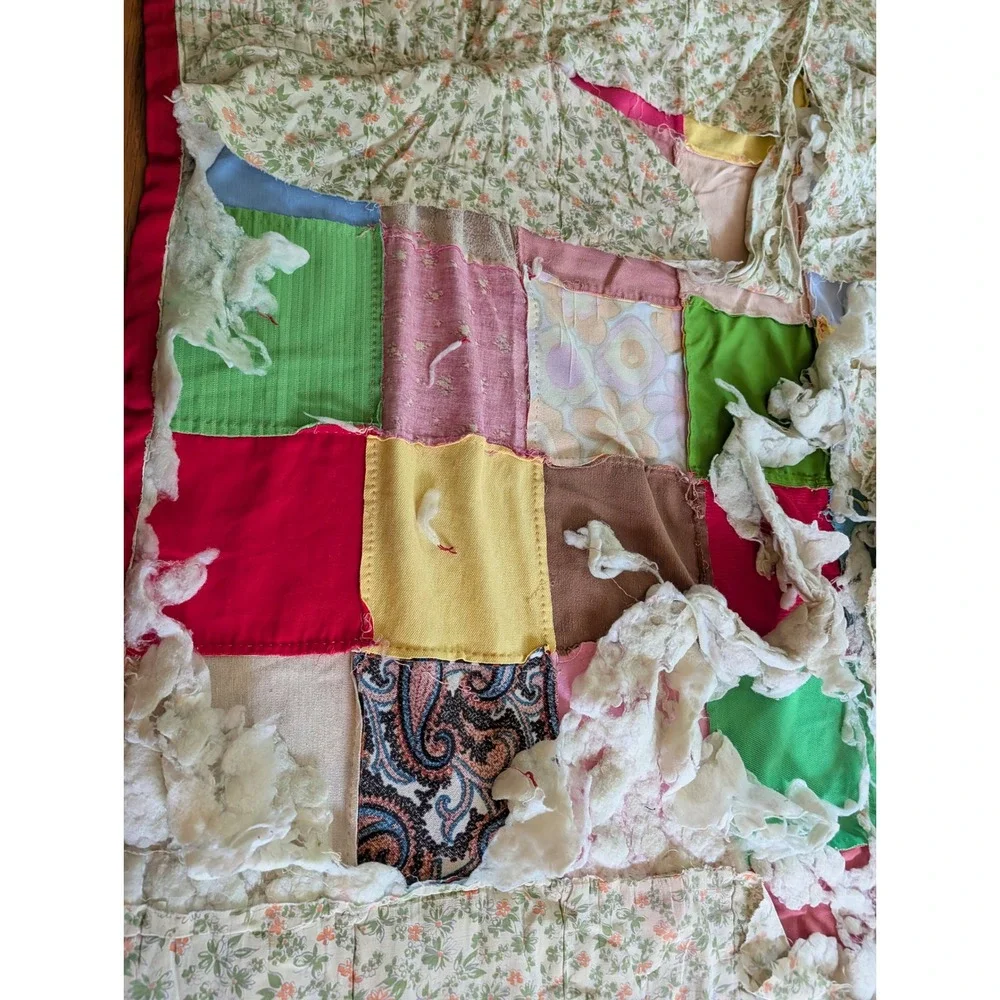 Vintage Handmade Patchwork Quilt Multi Color Block Repurpose Cutter 84x58 Cotton